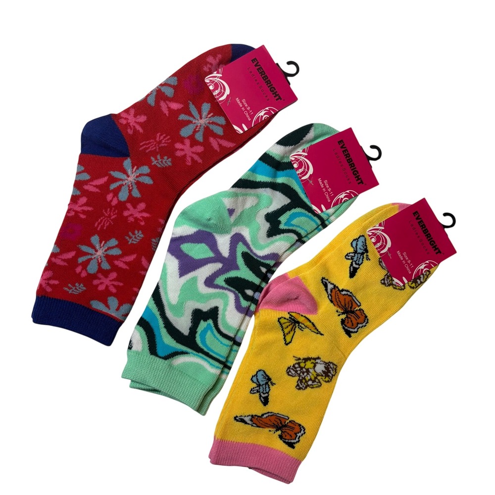 Everbright Ladies Socks 3 Pair Bundle Floral Abstract Butterfly Size 9-11 NEW